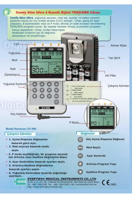 Everyway EV-906A Dijital Tens Ems 4 Kanallı Kas Stimülatörü Adaptörlü